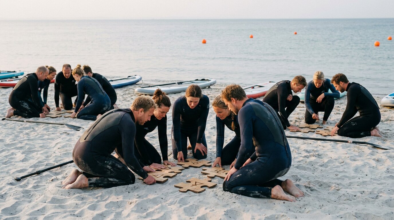 Lag i våtdräkter löser pussel på stranden